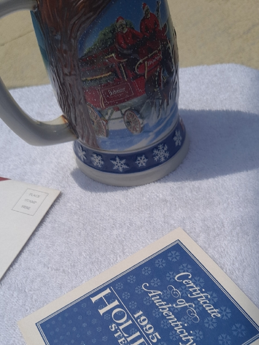 1995 VINTAGE Budweiser Red & Blue Holiday Clydesdale Ceramic Stein - Picture 6 of 11